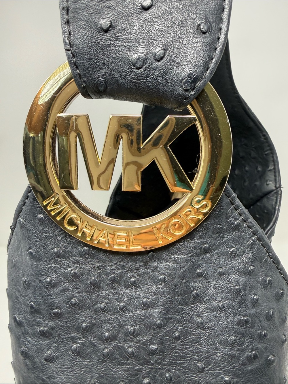 Michael Kors Black Ostrich Leather Hobo Bag Gold MK Logo Shoulder Purse - Picture 8 of 14